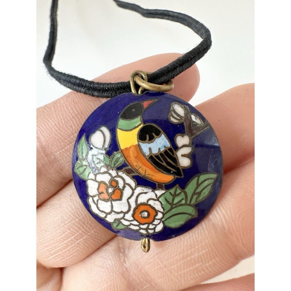 Vintage Double Sided Cloisonné Bird Flower Pendant Necklace 28”